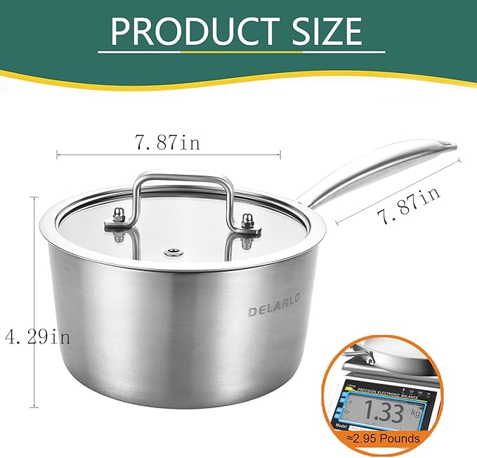DELARLO Whole Body Tri-Ply Stainless Steel 3 Quart Saucepan with Lid, Oven Safe 600?? Heavy Duty Saucier Pan 3 Quart, Fast and Even Heat, Kitchen and Dining Sauce Pot, Induction Pot(Lids 300??