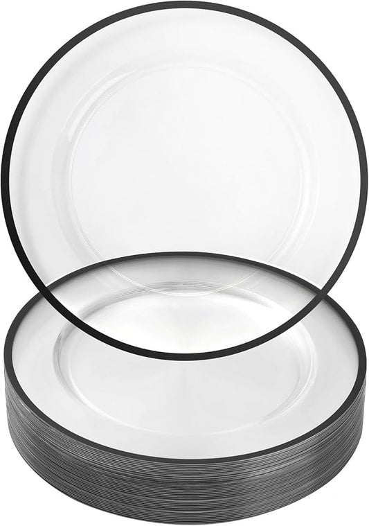 Goodluck 12 Inch Charger Plates, 25 Pack Clear Charger Plates with Black Trim, Plastic Charger Plate Bulk for Dinner, Wedding, Party, Event Decoration, Clear&Black