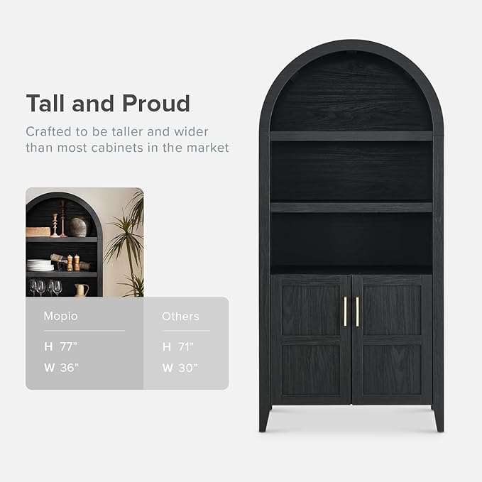 mopio Lauren 77.4" Tall Arched Cabinet, The Original 5-Tier Bookcase with Doors and Adjustable Shelves, Arch Bookshelf with Storage, Wooden Storage Cabinet for Living Room and Kitchen Pantry (Black)
