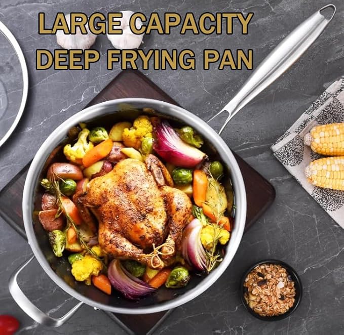 Tri-Ply Stainless Steel 8 Quarts Saut챕 Pan with Lid,13 Inch Induction Deep Frying Pan,Large Skillet, Dishwasher And Oven Safe,Detachable Handle