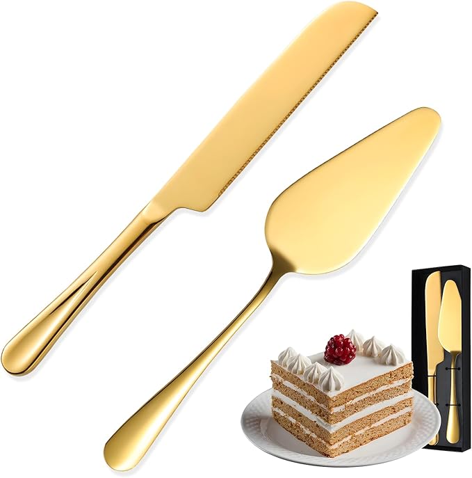 Golden Cake Cutting Set for Wedding, Premium Stainless Steel Cake Knife, Premium Cake Cutter set is Great for Birthdays, Anniversary Parties, and Christmas.Perfect for any celebration