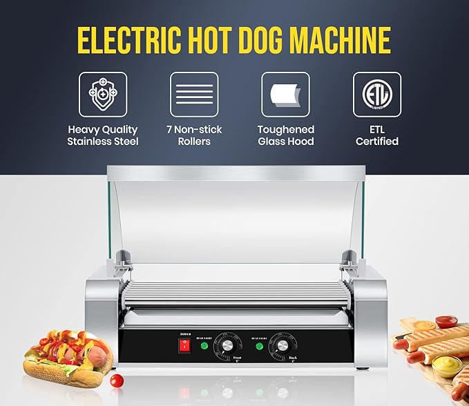 SYBO Hot Dog Roller - 18 Capacity, Non-stick Stainless Steel Rollers, Detachable Glass Cover, 1000-Watts, ETL Certified