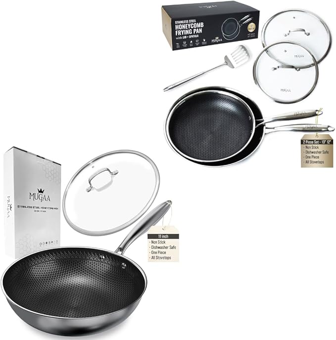 Nonstick Frying Pan 2-Piece Set (10?? 12?? with Lids & Spatula + 11??Stainless Steel Honeycomb Wok, Tri-Ply Hybrid Cookware Bundle, PFOA-Free, Induction, Dishwasher & Oven Safe