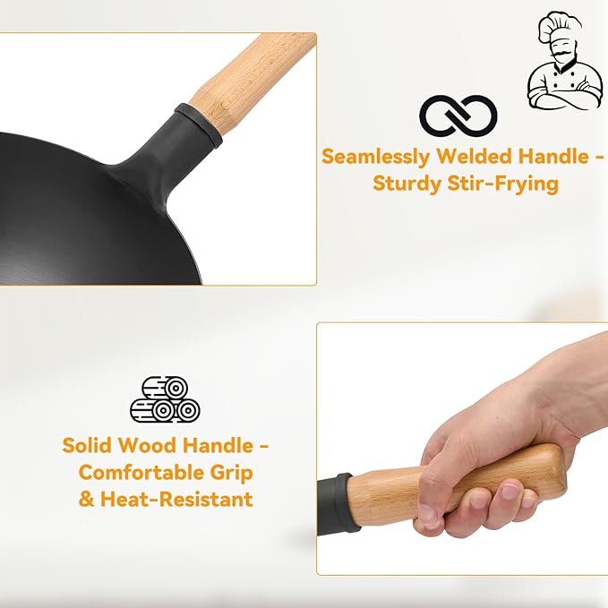 WANGYUANJI 14.2 Inch Round-Bottom Iron Wok, Deep Chinese Stir-Fry Pan (Seasoning Required), Wok Ring Required, Not Flat-Top/Induction ??No Lid, No Ring,Wooden Handle, Coating-Free