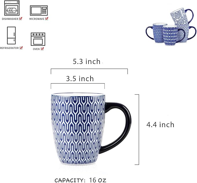 Selamica Ceramic Coffee Mugs Set of 4, 16 OZ Coffee Mug with Handle, Large Coffee Cups for Cappuccino, Tea, Mocha, Cocoa, Dishwasher Microwave Safe, Vintage Blue