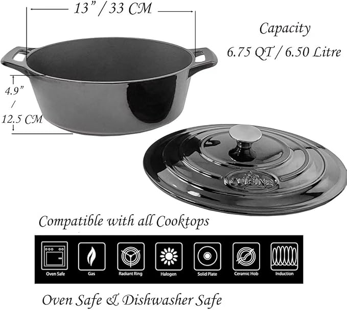 La Cuisine 6240MB Enameled Cast Iron Oval Dutch Oven Casserole 6.75 QT 33x25x16cm Matte Black Enamel Interior, Glossy Black Porcelain Enamel Coating Exterior