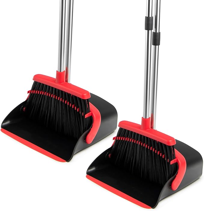 Broom and Dustpan Set with Long Handle, Heavy Dust Broom and Dustpan Combo for Home，Kitchen, Office, Pet Hair 2PCS (Black Red)