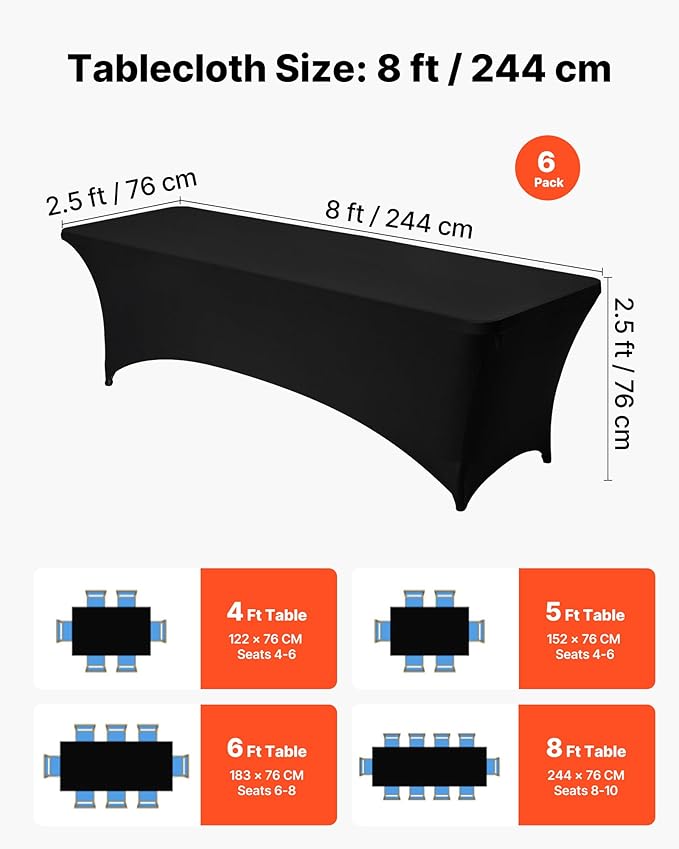 VEVOR 6 Pack Table Cloth for 8FT Rectangular Fitted Events, Wrinkle-Resistant Stretch Black Table Covers, Washable Spandex Tablecloth Protector, for Party, Wedding, Cocktail, Banquet, Festival