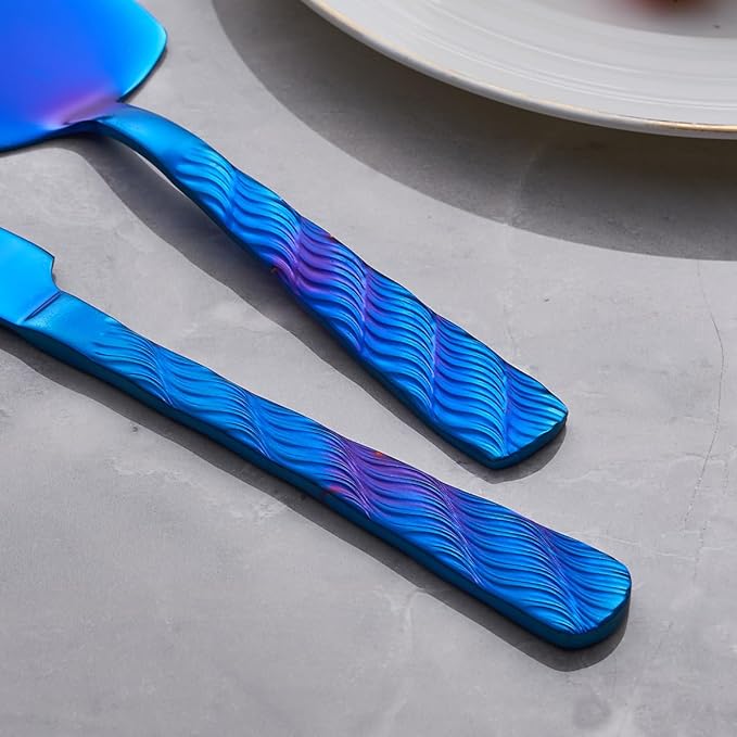 Blue Wedding Cake Knife and Server Set, Stainless Steel Cake Cutting Set, Cake Cutter and Pie Server for Wedding, Birthday, Party
