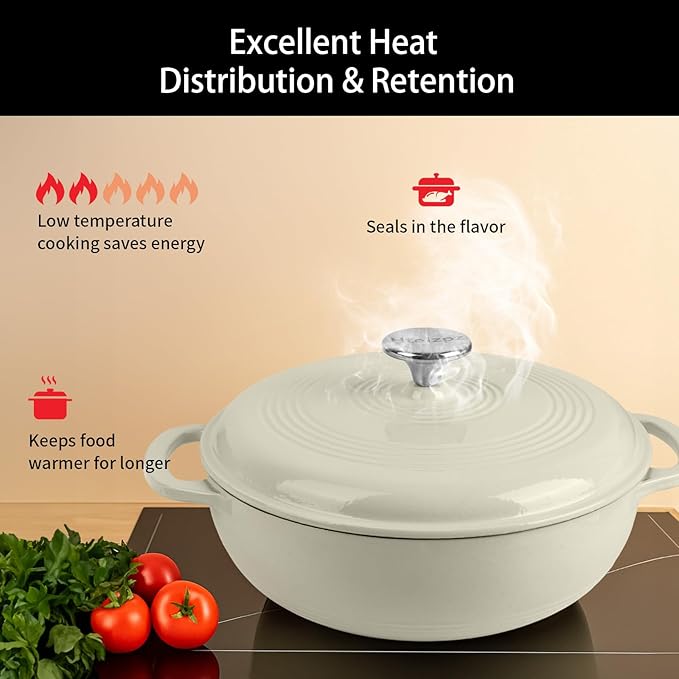 Enameled Cast Iron Dutch Oven Pot with Lid, 3 Quart Shallow Dutch Oven, Oven Safe up to 500째 F, Suitable for Bread Baking, Braising, Roasting, Stews, White