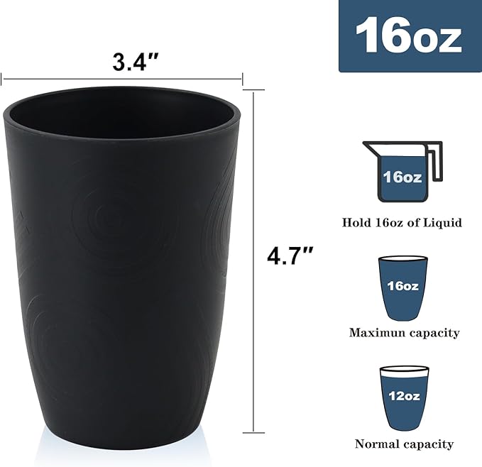 Homienly Drinking Glasses 16oz Wheat Straw Cups-Stackable and Reusable Cups, Alternative to Plastic Cups for Iced Coffee, Smoothies,Iced Tea-Black Grey