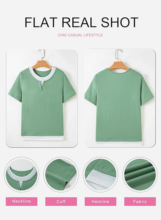 SHEWIN Womens Tops Casual Crewneck Color Block Short Sleeve Mock Double Layer T-Shirt Summer Outfits for Women 2026