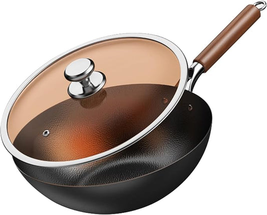 Titanium Hammered Wok with Lid, Pre-Seasoned Cast Iron Nonstick Stir-Fry Pan, Flat Bottom Wok, Scratch-Resistant Non Stick Titanium Pans for Cooking,11.81IN