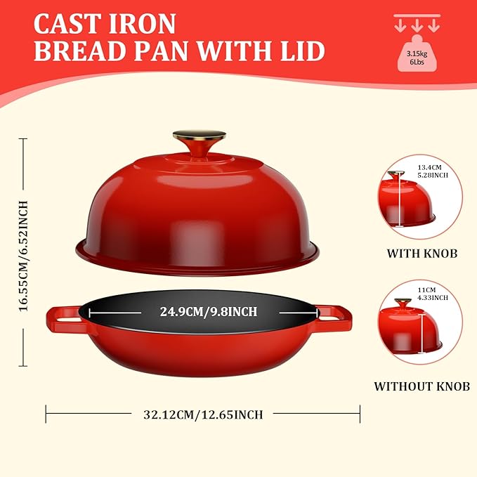 YUTANN Cast Iron Bread Baking Dutch Oven - Enameled Cast Iron Oven Pot with Dome Lid,5QT Bread Baker for Perfect Crust,Oven Safe to 500째F,Classic Red