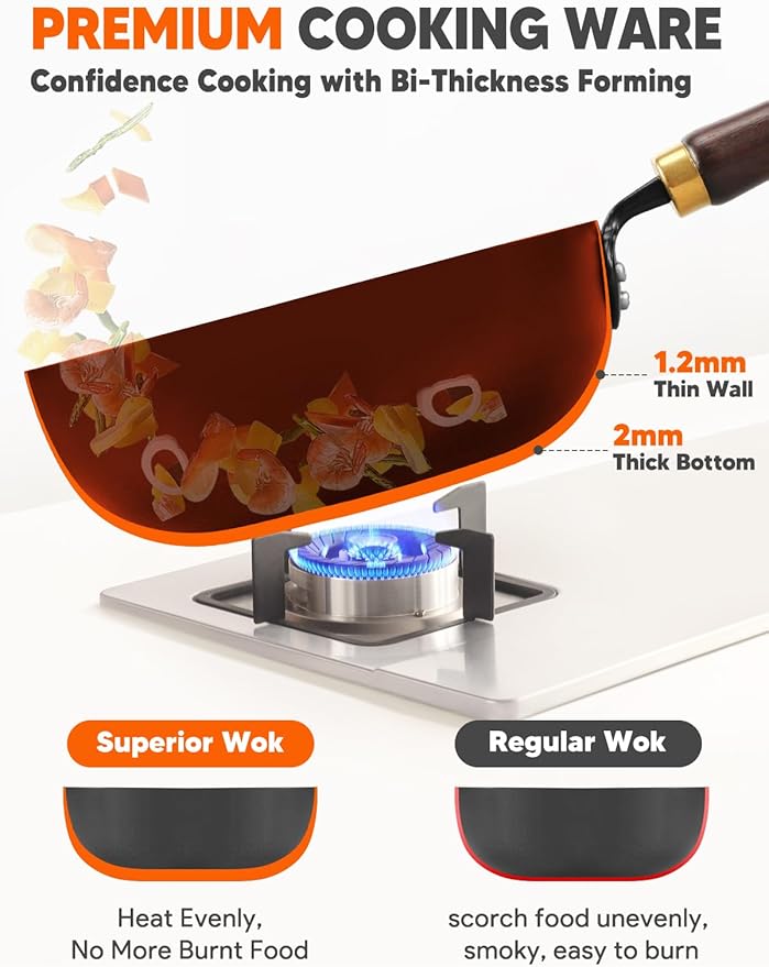 Carbon Steel Wok, 9.5" Deep Frying Pan With Lid, Flat Bottom Small Wok, 3-Qt. Saute Pan, Authentic Chinese Stir-Fry Pans with Glass Lid
