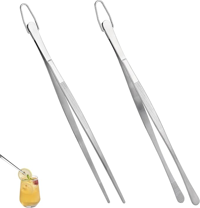U-Taste 10" Kitchen Cooking Tweezer Set: 18/8 Stainless Steel Food-Grade Metal Food Tong, Seamless-Welding, Flexible and Non-Slip for Pasta Salad Meat Serving, Baking, Frying (Round & Pointed Tip)