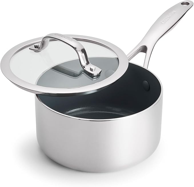 GreenPan Valencia Pro Tri-Ply Stainless Steel 1.5QT Saucepan with Lid, Ceramic Nonstick PFAS-Free, Multi Clad Cookware, Induction, Dishwasher Oven and Broiler Safe