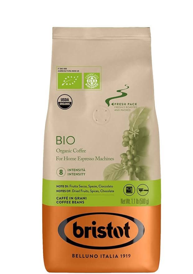 Bristot Bio Organic Italian Espresso Beans ??Whole Bean Coffee, Medium Roast ??Smooth & Aromatic with Spices, Caramel & Sandalwood Notes ??1.1 lb (500 g), Certified USDA Organic