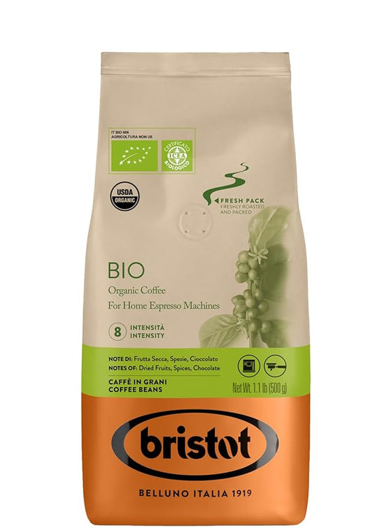 Bristot Bio Organic Italian Espresso Beans ??Whole Bean Coffee, Medium Roast ??Smooth & Aromatic with Spices, Caramel & Sandalwood Notes ??1.1 lb (500 g), Certified USDA Organic