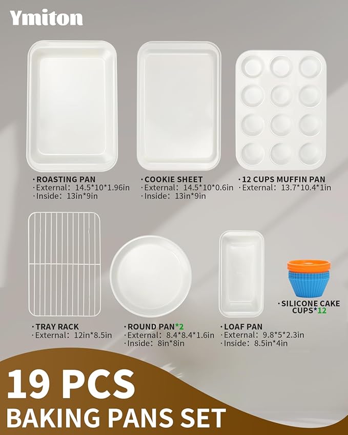 Nonstick Baking Pans Set, 19 PCS Stackable Bakeware Sets, Oven Pan Set Includes Baking Tray, Cookie Sheet, Cake Pans, Loaf Pan, Muffin Pan, Silicone Cups