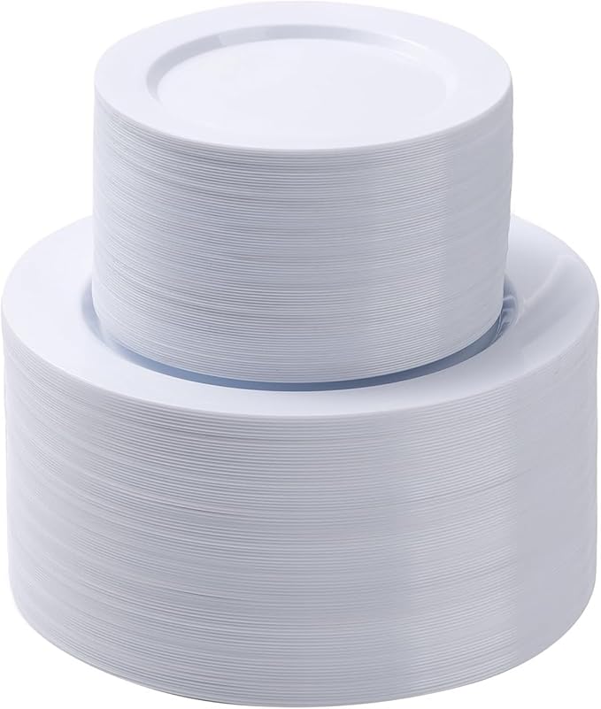 Goodluck 200PCS White Plastic Plates, Heavy Duty Disposable Plates with 100 10.25 inch Dinner Plates and 100 7.5 inch Dessert Plates for Party, Holiday, Wedding, Thanksgiving