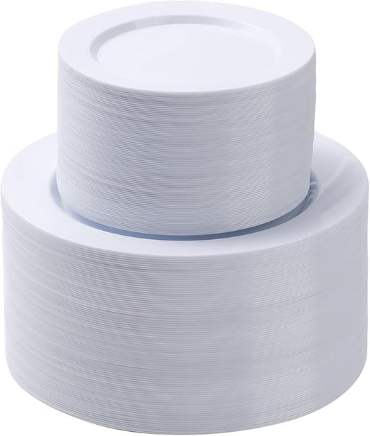 Goodluck 200PCS White Plastic Plates, Heavy Duty Disposable Plates with 100 10.25 inch Dinner Plates and 100 7.5 inch Dessert Plates for Party, Holiday, Wedding, Thanksgiving