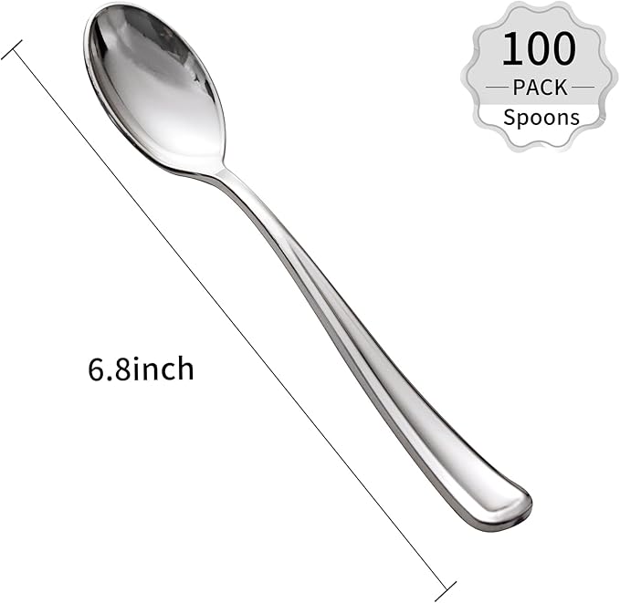 WDF 100 Pack Silver Plastic Spoons Disposable - 6.9 Inch Silver Spoons Heavy Duty Plastic Spoons, Modern Silver Disposable Spoons Perfect for Party Wedding Valentine's Day