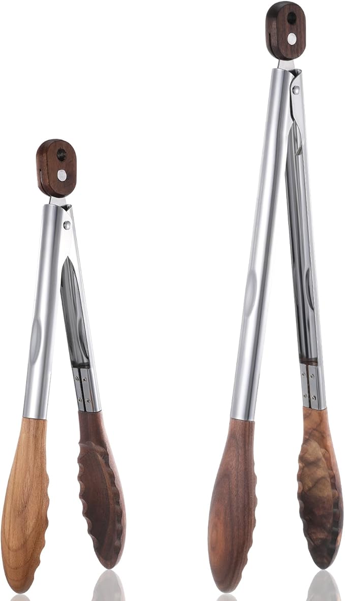 12 & 15 Inch Long Wooden Tongs for Cooking & Serving Food, Kitchen Stainless Steel Salad Tongs with Walnut Wood Tip, Smooth Locking & Hanging Cooking Utensils Set, Non-Slip, Heat Resistant, Pull Lock
