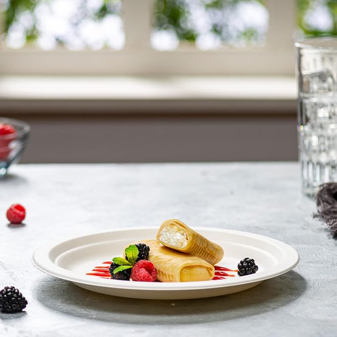 GUSTO [9 Inch - 125 Pack Heavy Duty White Paper Plates, 100% Compostable, Eco-Friendly - Biodegradable Disposable Plates, Sugarcane Paper Plates (Formerly Comfy Package)