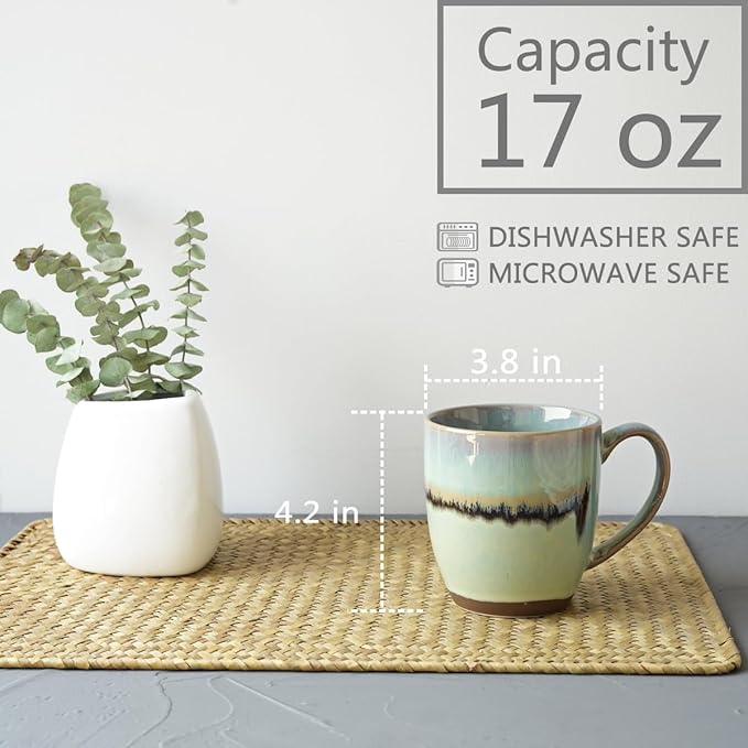 Bosmarlin Ceramic Coffee Mug Set of 4, 17 Oz, Coffee Cups with Big Handle, Microwave Safe, Unique Reactive Glaze (17 Oz, Turquoise Green Light)