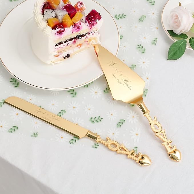 Wedding Cake Knife and Server Set, Personalized Gold Cake Cutting Set for Wedding, Engraved Classic Cake Knives Cutter Set, Pie Server, Birthday Bridal Quincea챰era Gift (CUS-Love)