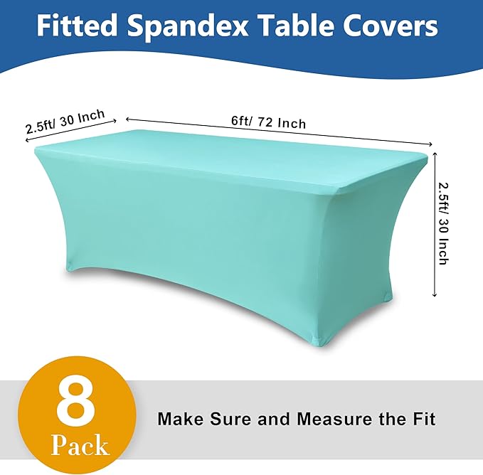 Enjoyidea Fitted Stretch Table Cover for 6 foot Rectangle Tables-8 Pack Aqua Blue Spandex Tablecloth-Elastic Folding Tablecloths for Party, Vendor Booth Display, Banquet Buffet Event, Craft Trade Show