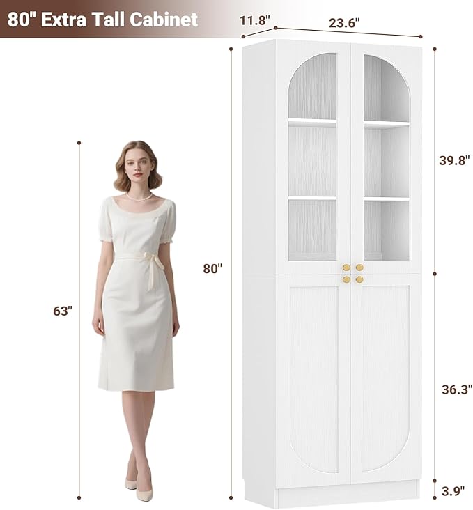 Cyclysio 80" Kitchen Pantry Cabinet, Tall Arch Storage Cabinet with Glass Doors, Freestanding Wood Floor Cupboard Bookcase with Seamless Fit Wall for Dining Room, Living Room, Bathroom (White)