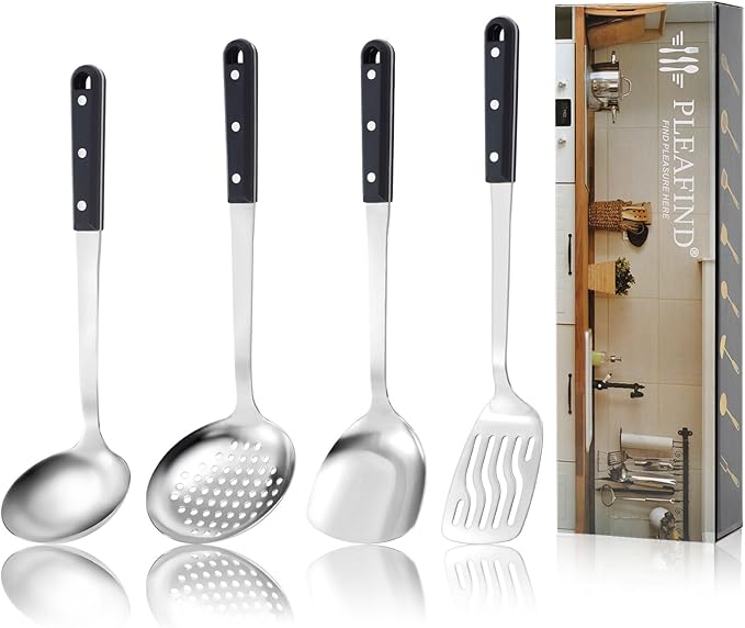 Pleafind 4-Pcs Cooking Utensils Set, Stainless Steel Kitchen Utensils, Mirror Polished Kitchen Essentials Set Include Wok Ladle, Slotted Spoon, Wok Spatula 竊냆lotted Spatula, Dishwasher Safe