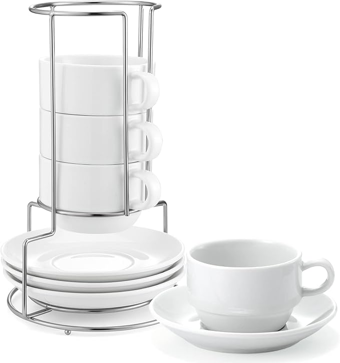 Yedio 8 oz Porcelain Cappuccino Cups with Saucers and Metal Stand, Stackable Coffee Cups for Latte, Americano, Tea ??Set of 4, White