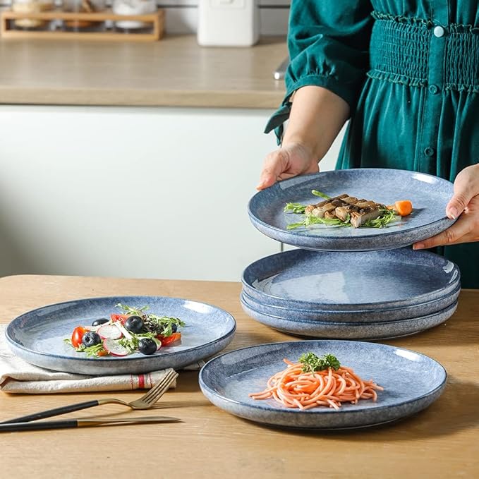 KOOV Ceramic Dinner Plates - Set of 6, 10.25 inch Reactive Glazed Blue Porcelain Plates for Salad, Pasta, Restaurant, Kitchen Serving Dish Set