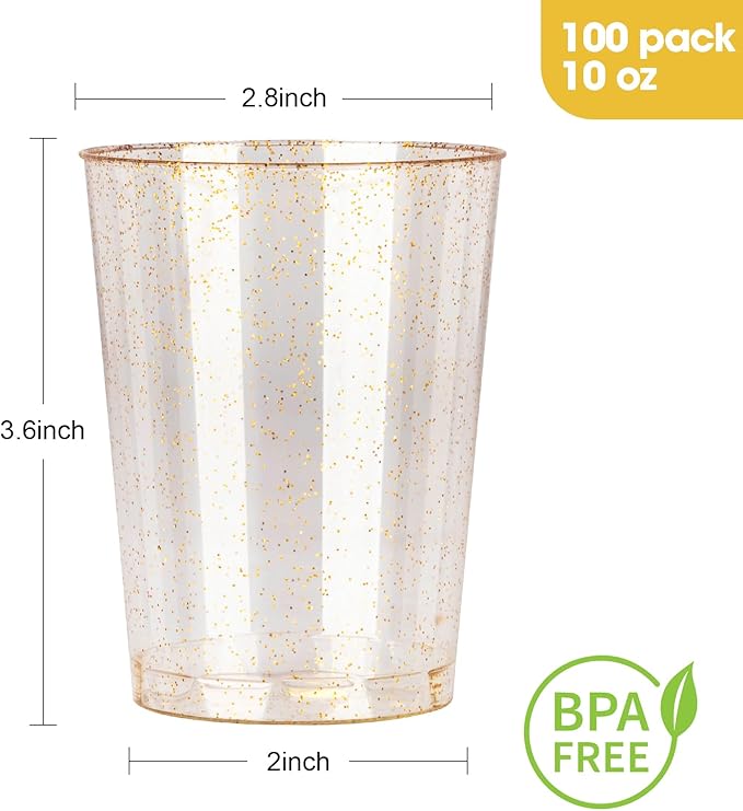 Goodluck 10 oz 100 PCS Gold Glitter Plastic Cups, Disposable Glitter Cups, Elegant Plastic Cocktail Glasses, Fancy Party Cups for Wedding, Birthday, Holiday