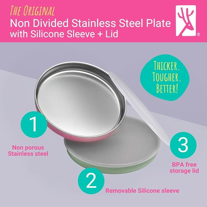 Elk and Friends 7.8??Stainless Steel Non Divided Plates with Silicone Sleeve + Storage Lid | Baby, Toddler, Kids | Dishwasher Safe | Dinner & Snack Plates | 2 Pack