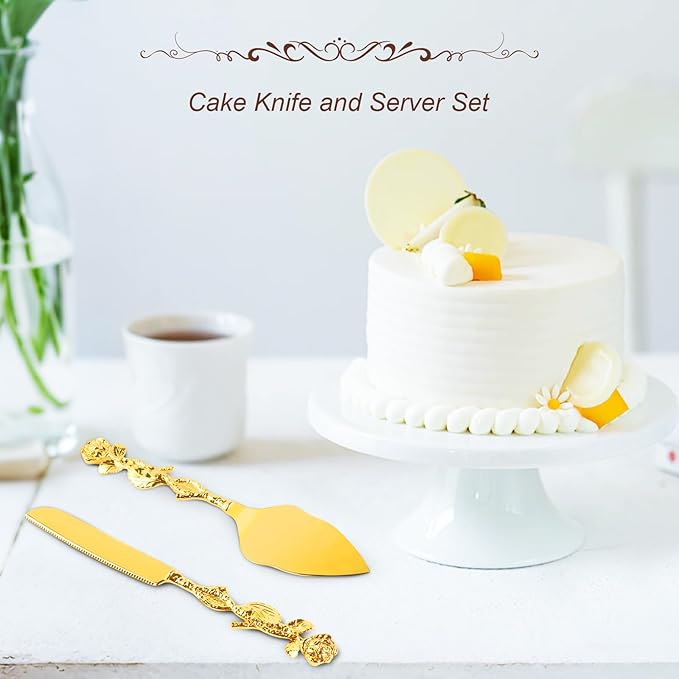 2 PCS Gold Cake Cutting Set, Wedding Cake Knife and Server Set, Vintage Engraved Cake Cutter and Serving Spatula for Wedding, Birthday, Anniversary, Party