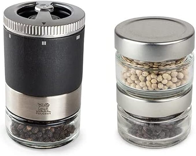 PEUGEOT - Maestro Pepper Bar - 10cm Pepper Mill with U'Select Adjustment - 3 Premium Peppercorns, 3 Interchangeable Empty Vials, Felt - Made in France - PEFC Wood & Stainless Steel - Graphite Color