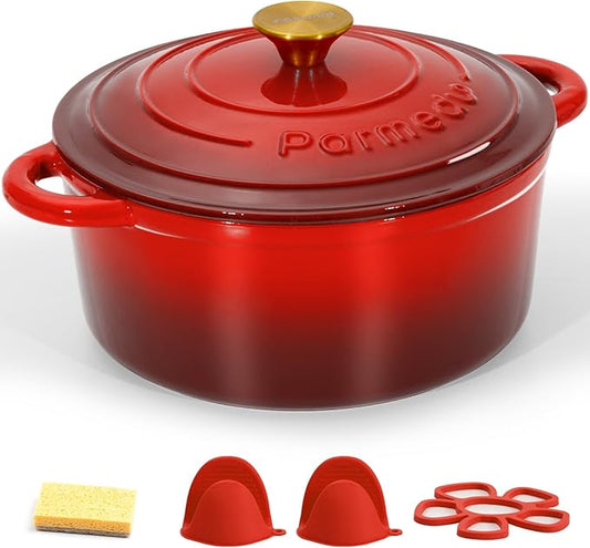 5.5 QT Enameled Cast Iron Dutch Oven ??Heavy-Duty Red Pot with Lid & Dual Handles, Ideal for Bread Baking, Stews & Roasting ??Includes Recipe Book