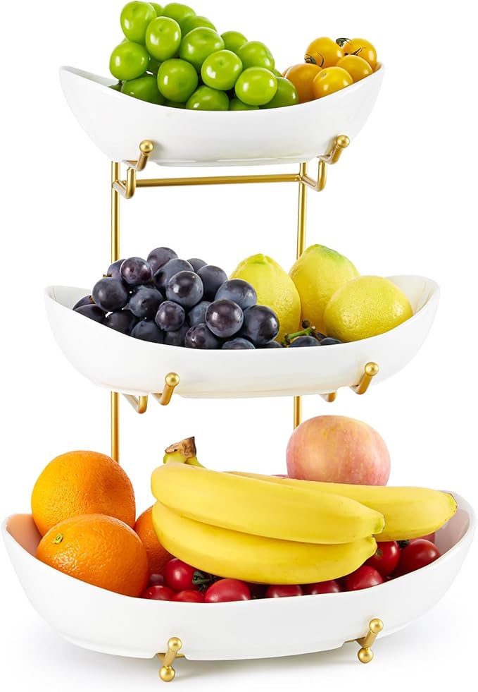 Ceramic Fruit Bowl for Kitchen Counter - 3 Tier Fruit Basket with Metal Stand, Tiered Fruit Stand for Countertop, Snack, Nuts, Cake, Dessert, Cute (Gold, Large)