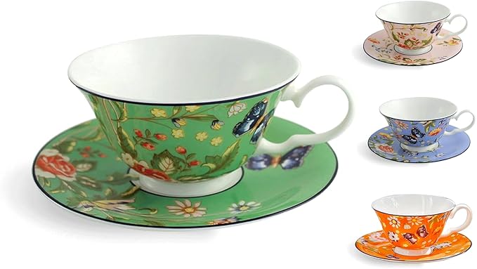 Aynsley Cottage Garden Windsor Fine Bone China Teacup & Saucer - 7.5oz (220ml), Elegant Windsor Shape, Christmas Gift for Tea Lovers, British Craftsmanship-Green
