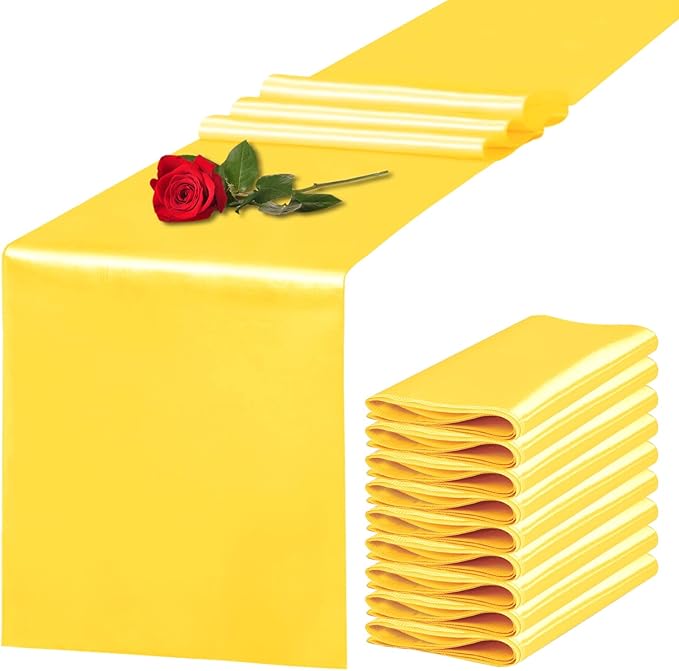 Yblut 10 Pack Satin Table Runner 12 x 108 Inch Long Yellow Silk Table Runner for Wedding Party Banquet Birthday Decoration