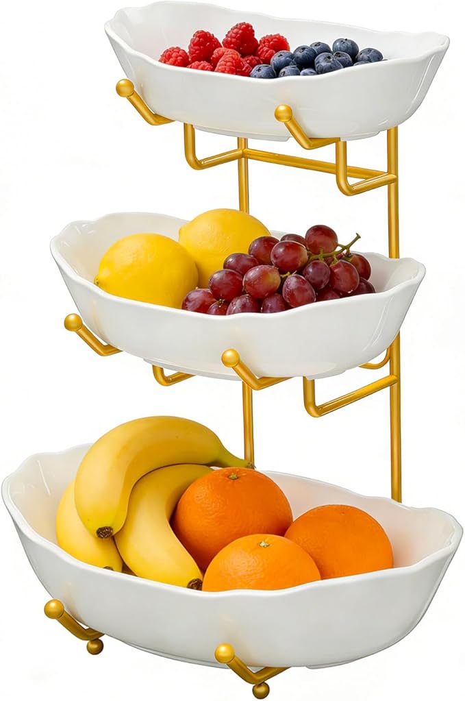 Ceramic Fruit Bowl for Kitchen Counter, 3 Tier Fruit Basket for Countertop, Tiered Fruit Stand with Metal Holder for Snacks, Nuts, Cake, Dessert, Party Display, Gold, White