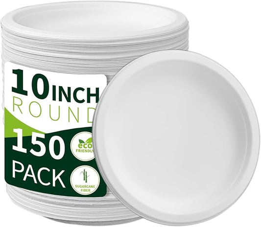 10 Inch Compostable Paper Plates?륹hite 150 Pack?? 100% Sugarcane Bagasse Large Disposable Plates, Sturdy Heavy Duty, Biodegradable Dinnerware for Party, BBQ, Picnic, Catering