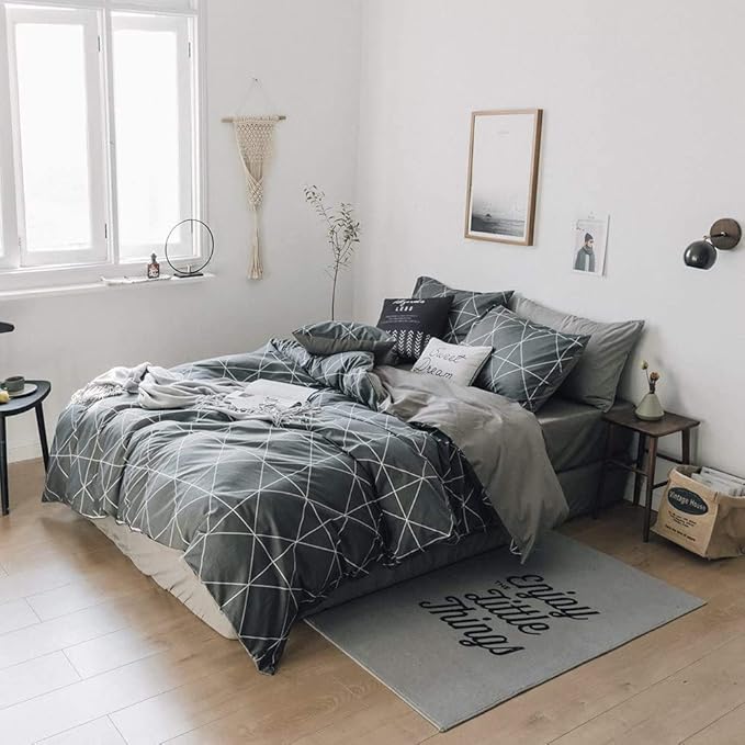 LifeTB Grey Plaid Comforter Set Full Size Geometric Plaid Bedding Comforter Set 3 Pieces Plaid Grid Comforter with 2 Pillowcases Fluffy Soft Checkered Pattern Comforter Set for All Season Full Size