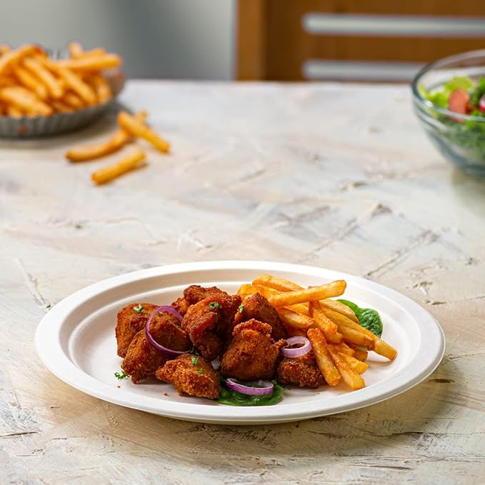 GUSTO [9 Inch - 125 Pack Heavy Duty White Paper Plates, 100% Compostable, Eco-Friendly - Biodegradable Disposable Plates, Sugarcane Paper Plates (Formerly Comfy Package)