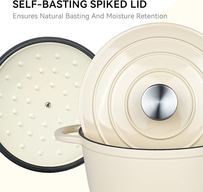 Miereirl 4.5 Quart Enameled Dutch Oven Pot with Lid, Cast Iron Dutch Oven with Dual Handles for Bread Baking, Cooking, Non-stick Enamel Coated Cookware (Beige)