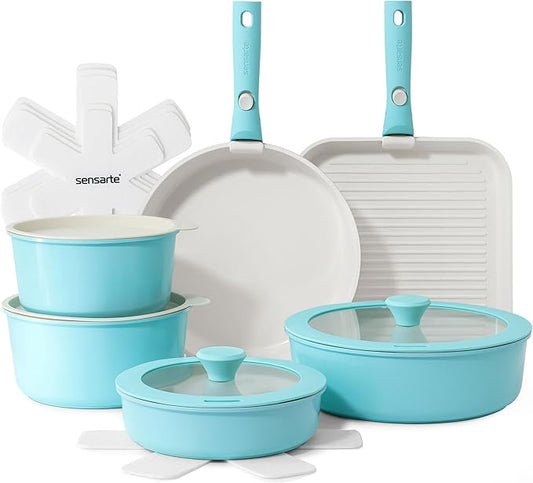 SENSARTE 17 Piece Ceramic Pots and Pans Set, Nonstick Detachable Handle Cookware, Induction Kitchen Cookware Set with Removable Handle, Dishwasher 竊?Oven Safe (Turquoise)